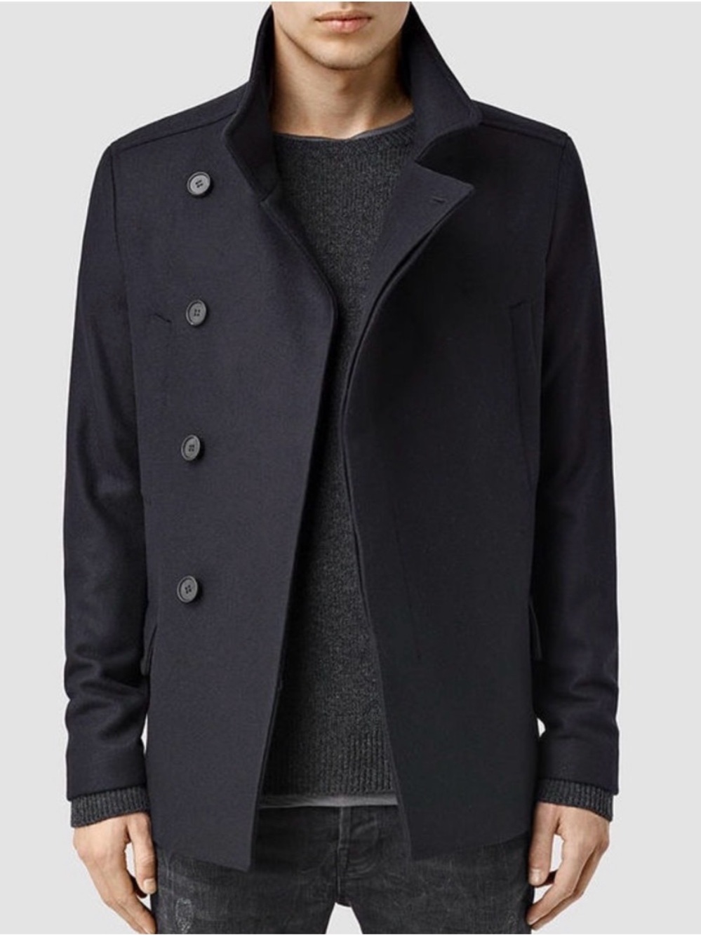 AllSaints Wade Peacoat Men’s Wool Blend Black Asymmetrical Coat Size Small